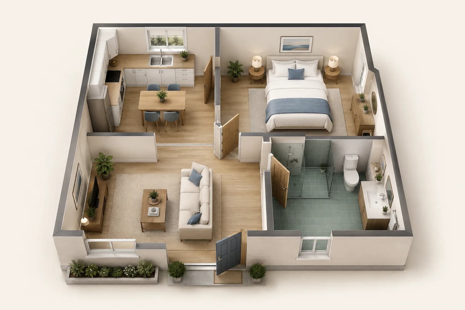 Three-dimensional cutaway of a home: kitchen at upper left, bedroom at upper right, living room at lower left, and bathroom at lower right.
